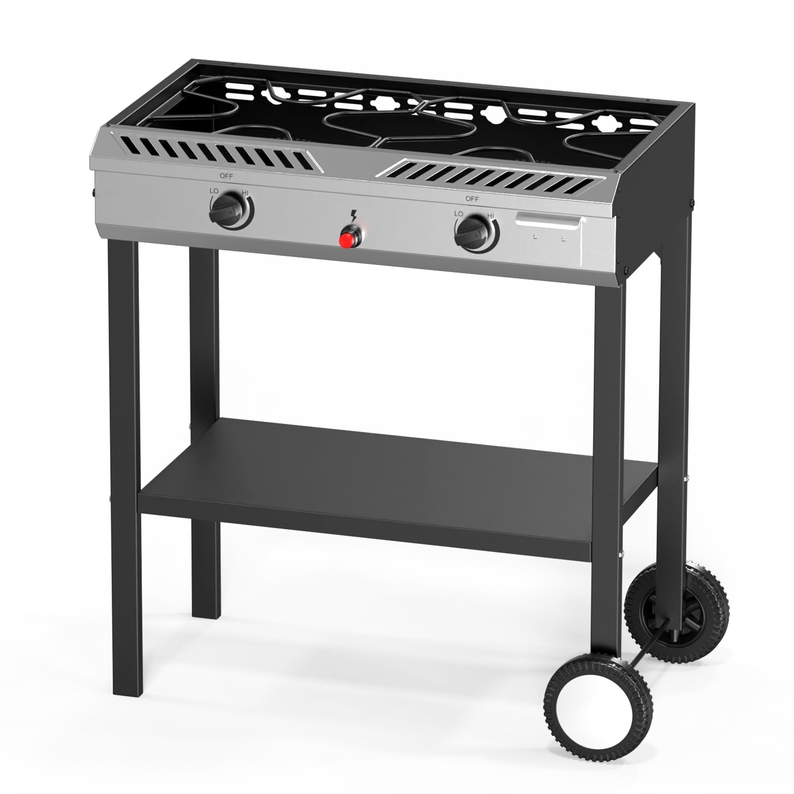Bonnlo 2 Burner Propane Gas Stove with Auto Ignition, 150,000 BTU Portable Outdoor Camp Cooker Stove with Convenient Shelf & Smooth Rolling Wheels for