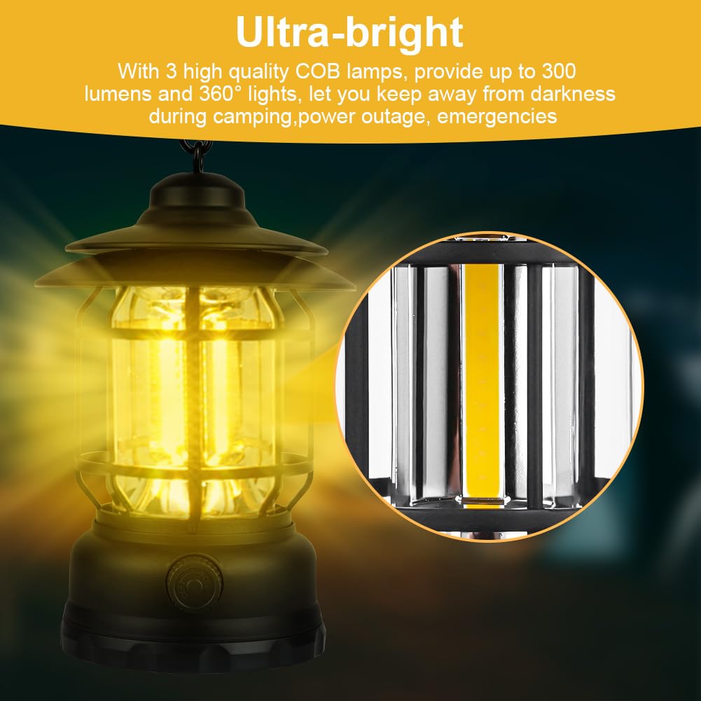 Flintronic Lanterne de camping rechargeable, lampes de camping LED rétro avec gradateurs rotatifs, lumière de tente COB portable à suspendre pour le camping, lumière de camping vintage pour la