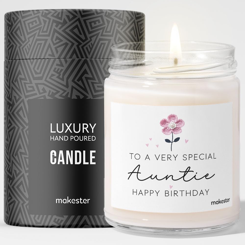Makester White Auntie Birthday Gifts - Luxury Soy Wax Candle - Vanilla, Jasmine, Sugared Almond