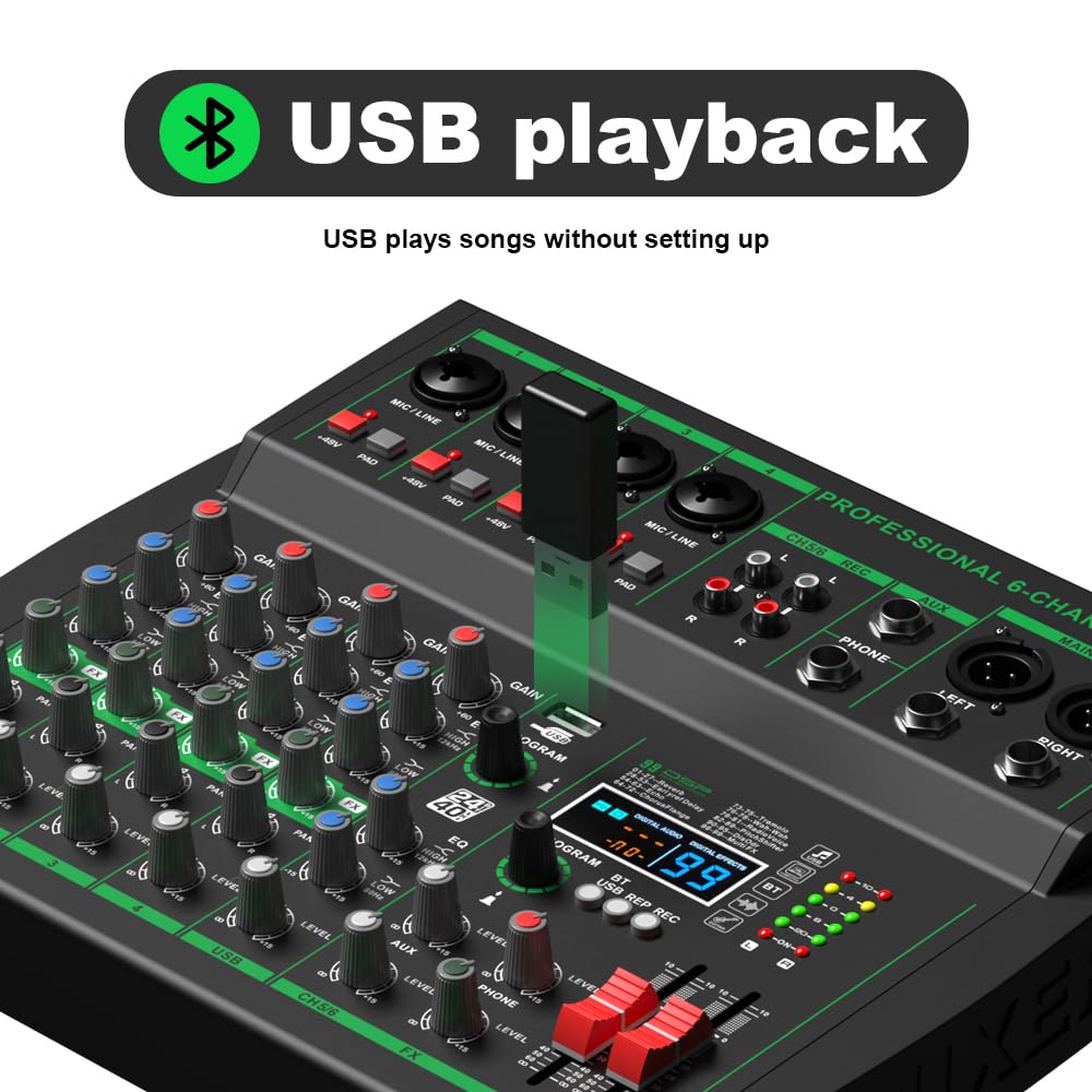 Nero MW-6 6 Canali Professional DJ Audio Mixer Controller Mixer Portatile con DSP 99 Preset Effetti per Live Streaming, Podcasting, Home Party