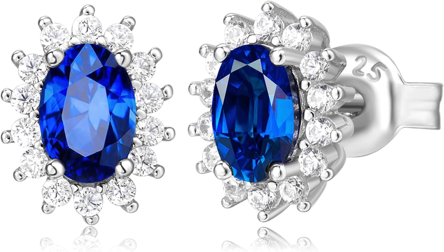 Princess Diana Halo Stud Earrings For Women with Created Sapphire in 925 Sterling Silver, Blue Birthstone 14k White Gold Plated Earrings For Her, Anniversary Birthday Piercing Jewelry Set
