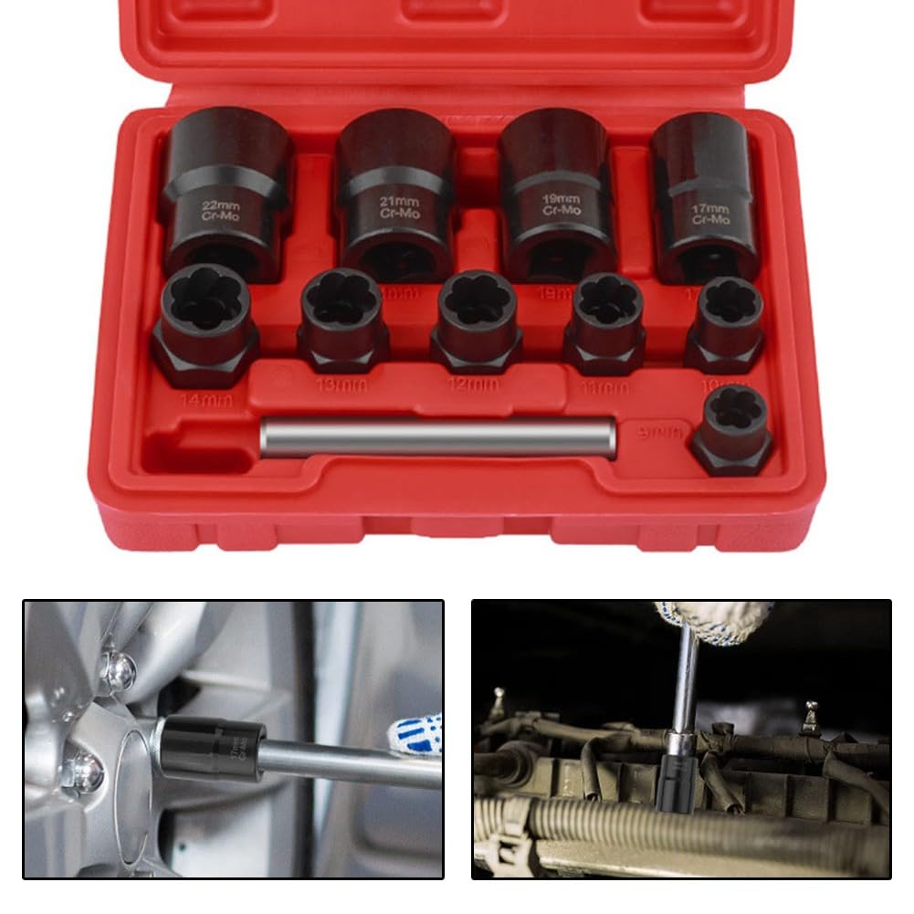 Set di 11 chiavi a bussola per estrattori di dadi in acciaio Cr-Mo per dadi spelati arrotondati, attacco da 3/8" e adattatore esagonale da 1/2" per avvitatore a percussione