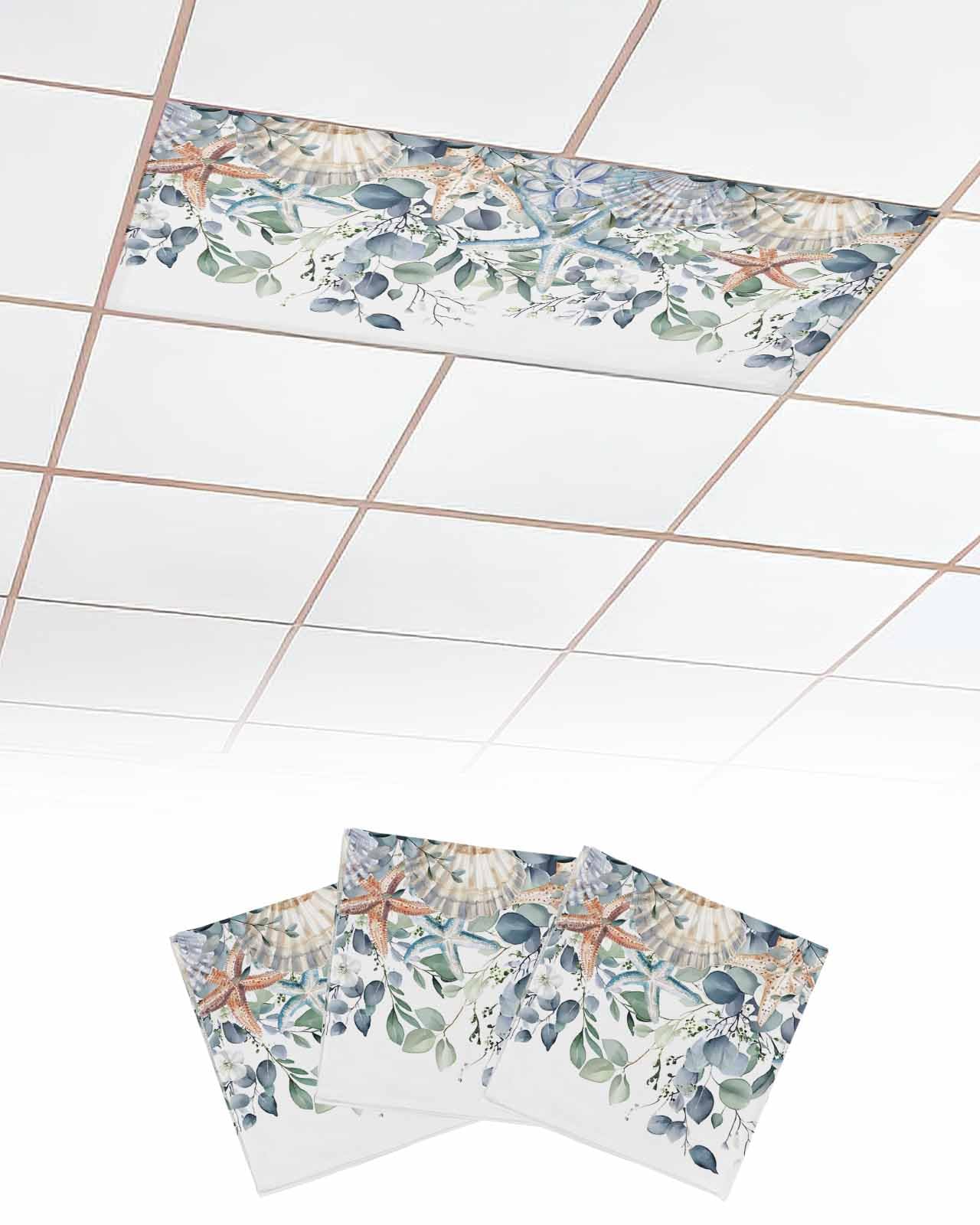 EwdeWwo Eucalyptus Leaf 3 Pcs Fluorescent Light Covers for Ceiling Lights, Starfish Shell Plant Summer Magnetic Light Filters for Eliminate Harsh Glare Classroom Office Decoration, 4 x 2 Ft