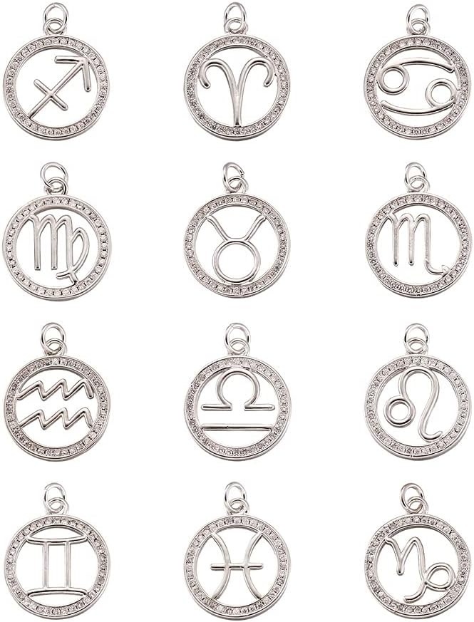 Beadthoven 12pcs/set Brass Micro Pave Cubic Zirconia Twelve Constellation Pendant 20x17mm Platinum Flat Round with Zodiac Sign Jewelry Charms for DIY Bracelets Necklaces Making