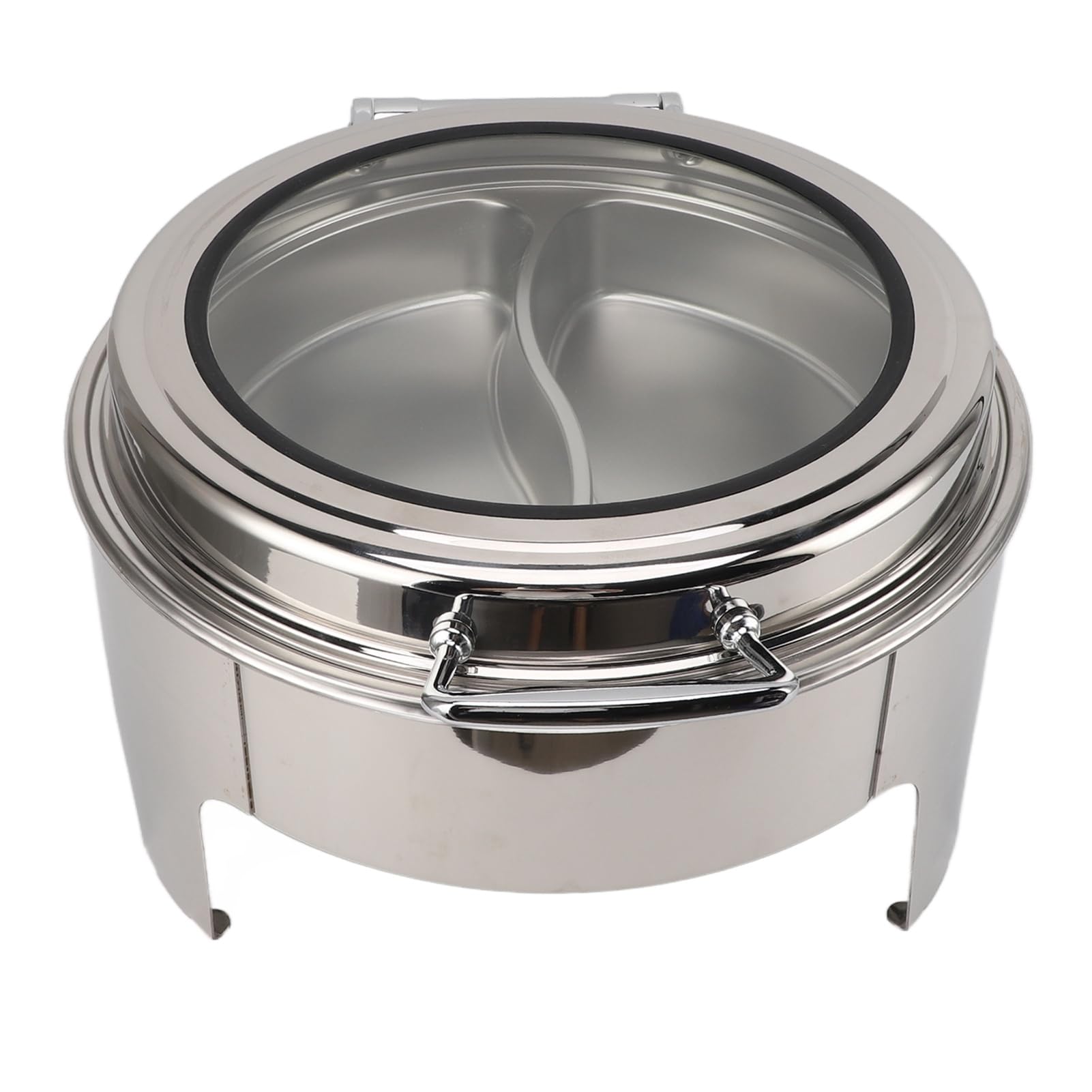 Plato Redondo de Acero Inoxidable de 6 Litros, Servidor de Buffet con Tapa de Vidrio Visible, Tapa Abatible de 90 Grados, Sartén Espesa, Calentador de Alcohol, para Buffet, Boda, Cena de