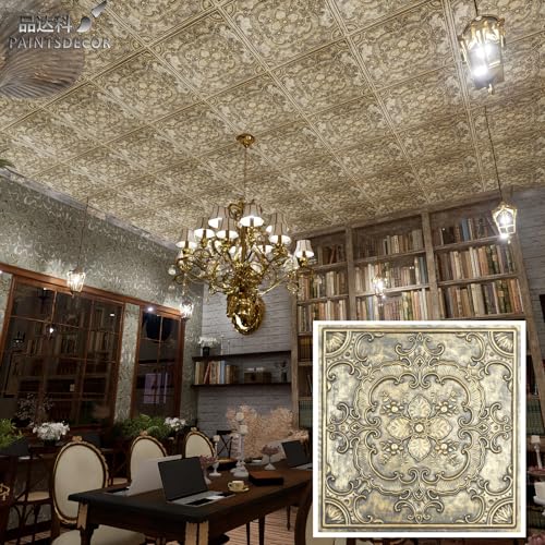 Azulejos de techo de PVC de 24 x 24 pulgadas, paneles de pared orientales ligeros, paquete de 10 unidades de 40 pies cuadrados, decoración de pared para bar, cafetería, club, diseño dorado antiguo,