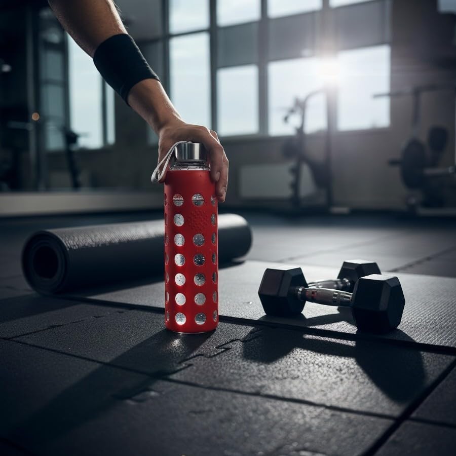 Image of Borosilicate Glass Water Bottle with Silicone Sleeve | BPA-Free, Leakproof, Reusable, Eco-Friendly, Hot & Cold Safe, Travel Bottle for Gym, Office, Yoga (Red, 500ml)