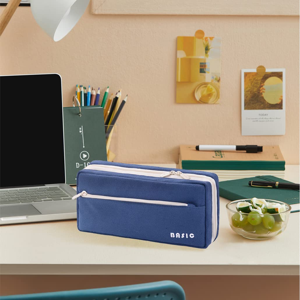 iSuperb Big Capacity Pencil Case Large Canvas Cosmetic Bag Travel Toiletry Bag Colorful Pen Holder with 3 Zippers Pencil Bag with 4 Compartments School Stationery Storage Bag (Dark Blue) - Image 4