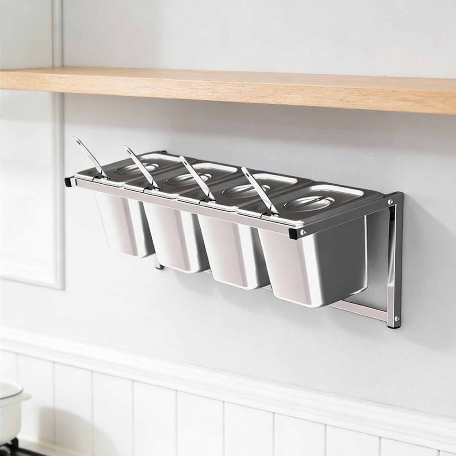 Estación de cobertura de pizza con tapa y cuchara, dispensador de condimentos de acero inoxidable montado en la pared, estante extraíble para especias de buffet para salsas e ingredientes de frutas