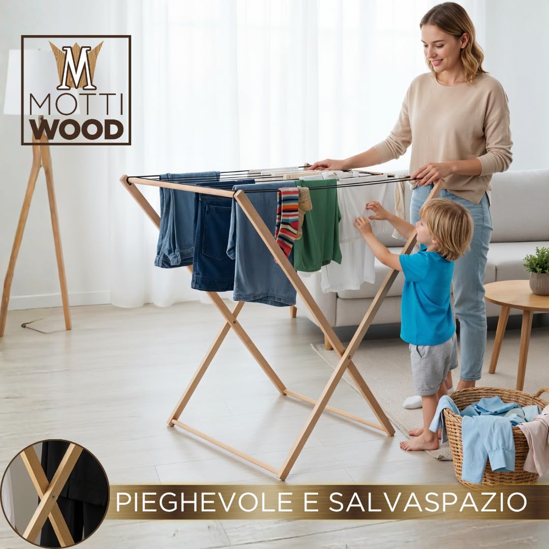 Premium Wäscheständer platzsparend, 8 m Aufhängungsfläche, Wäscheständer mit faltbarer Metallgitter, Größe 92x67x92 cm, Wäscheständer aus Buchenholz, hergestellt in Italien