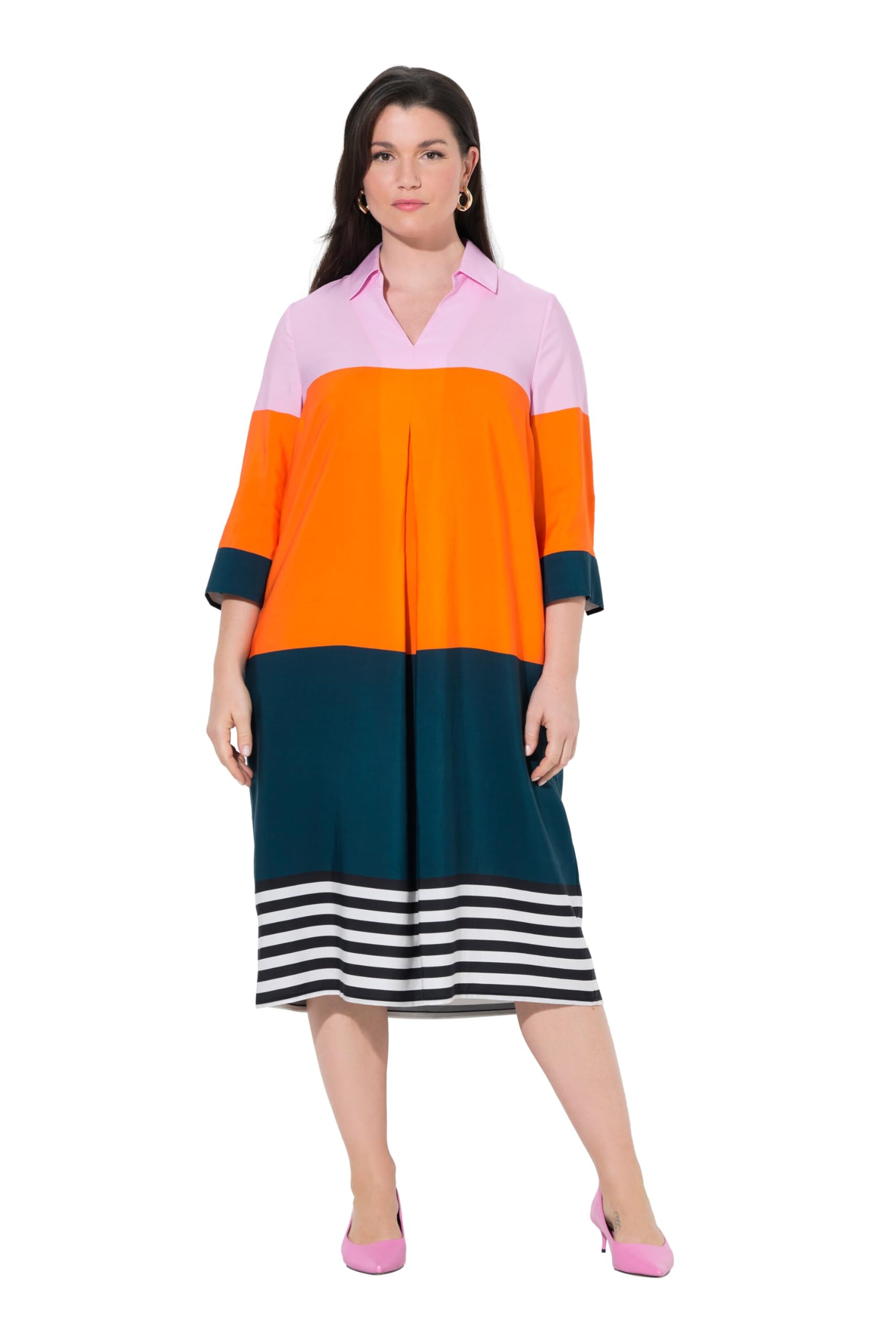 Ulla Popken Damen große Größen Übergrößen Plus Size Lyocell-Midikleid, Colorblocking, Hemdkragen, 3/4-Arm 846769