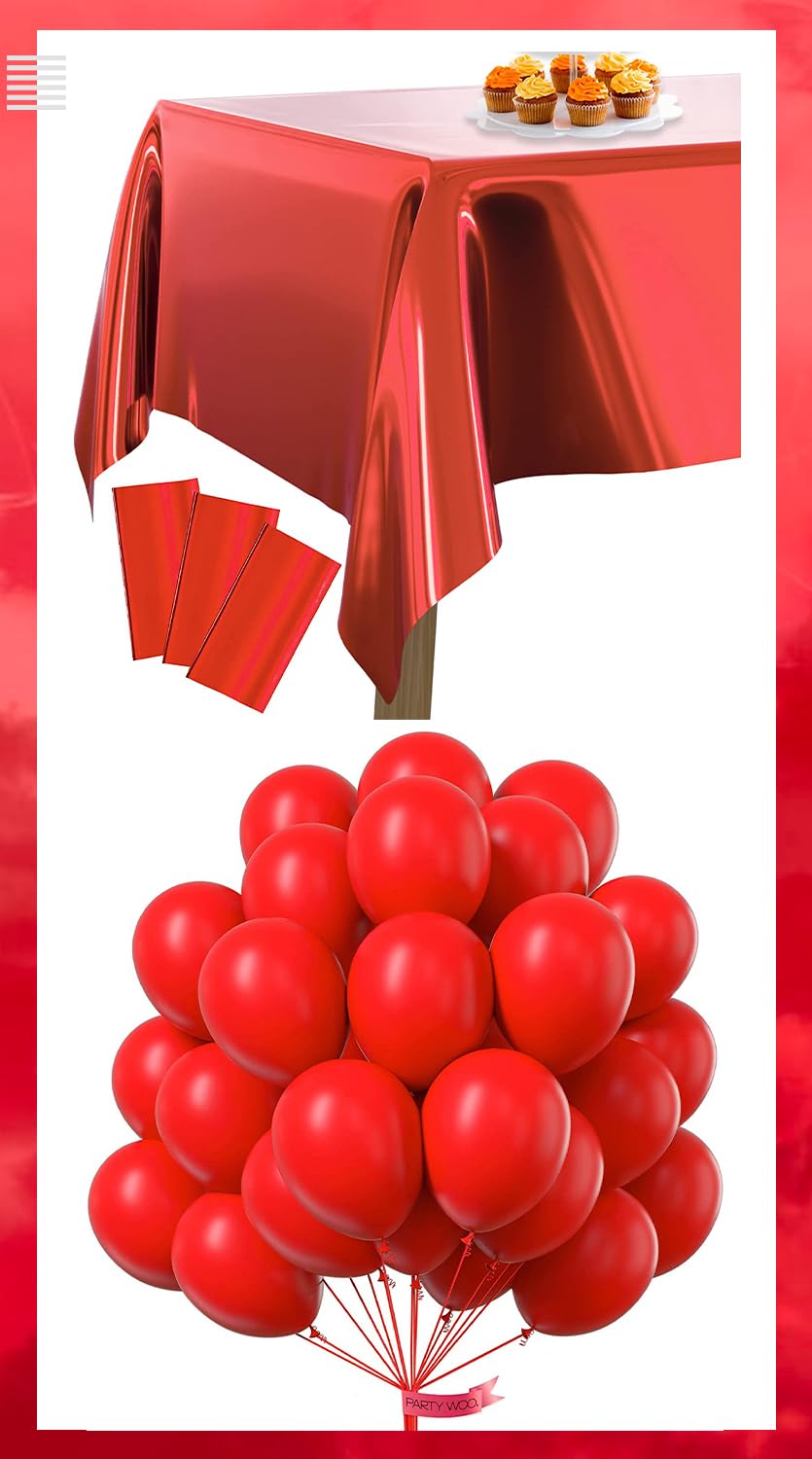 PartyWoo Matte Red Balloons 100 pcs and Red Foil Tablecloth 3 Pack