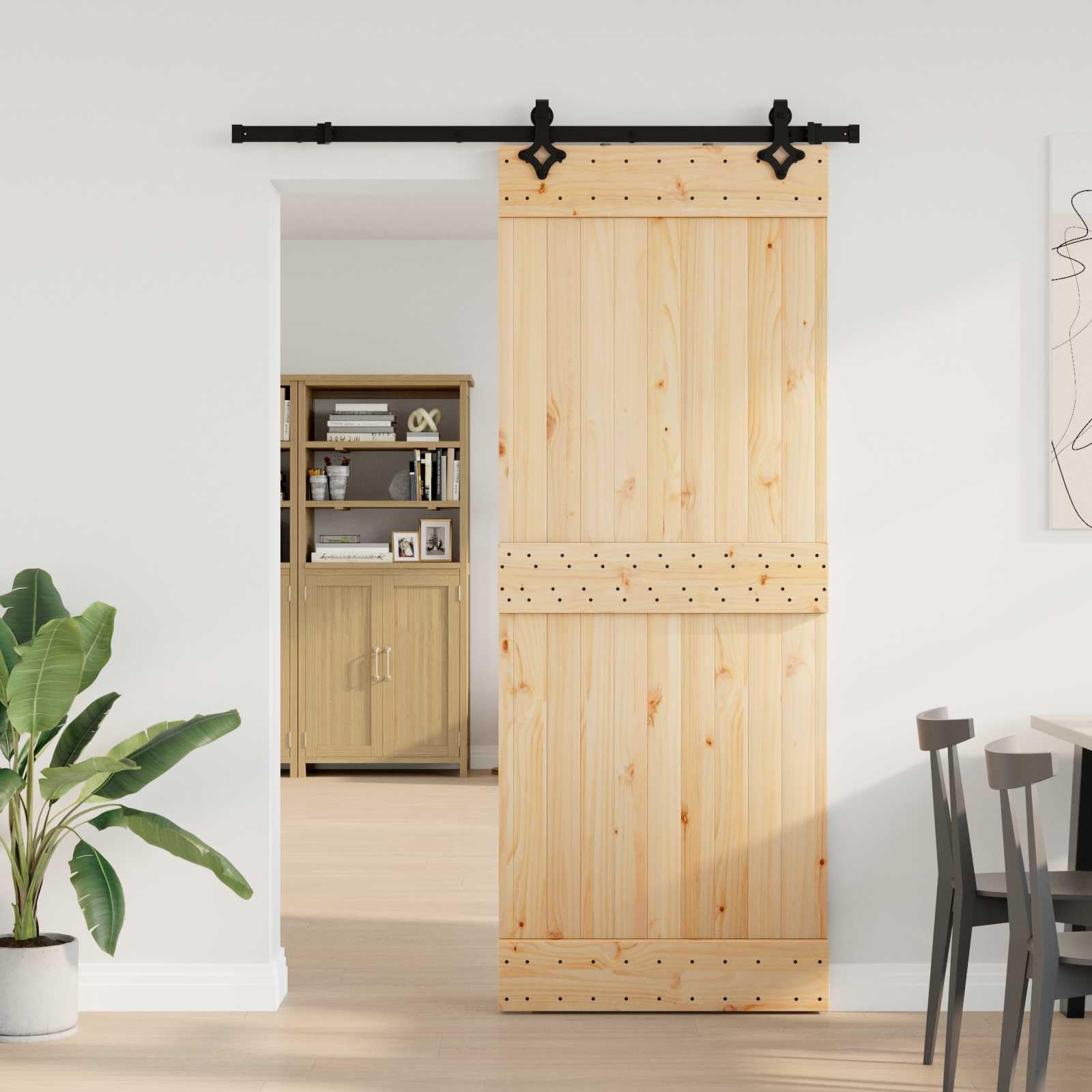 NARVIK - Porta scorrevole in legno di pino massiccio e acciaio, 80 x 210 cm, sistema di porta scorrevole salvaspazio per interni, design moderno, nero/legno