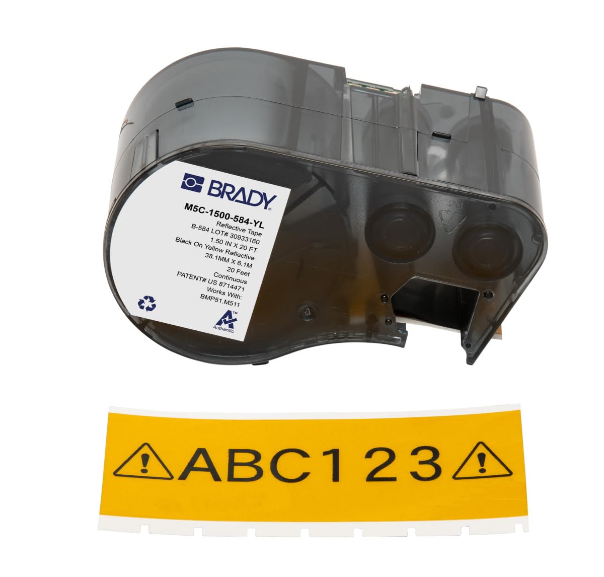 Brady Reflective Tape Label Tape for Label Printer BMP51/BMP53/M511 - Self Adhesive Printer Labels - Black on Yellow (38,10 mm (W) x 6,10 m (L)) - M5C-1500-584-YL