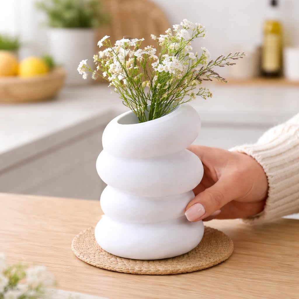 Plastic Modern Textured White Decorative Vase for Flowers, Ceramic-Look Ribbed Design Table Vase for Living Room, Bedroom, Office Décor, Lightweight & Durable Flower Pot (Pebbles Tower)-image-1