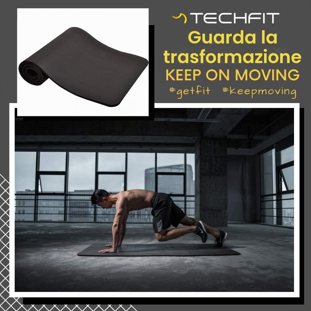 TechFit Tappetino Yoga 180 x 60 cm 10 mm Antiscivolo, nero | Materiale: Schaumstoff, con tracolla, imbottito e comodo, per Pilates, ginnastica e stretching