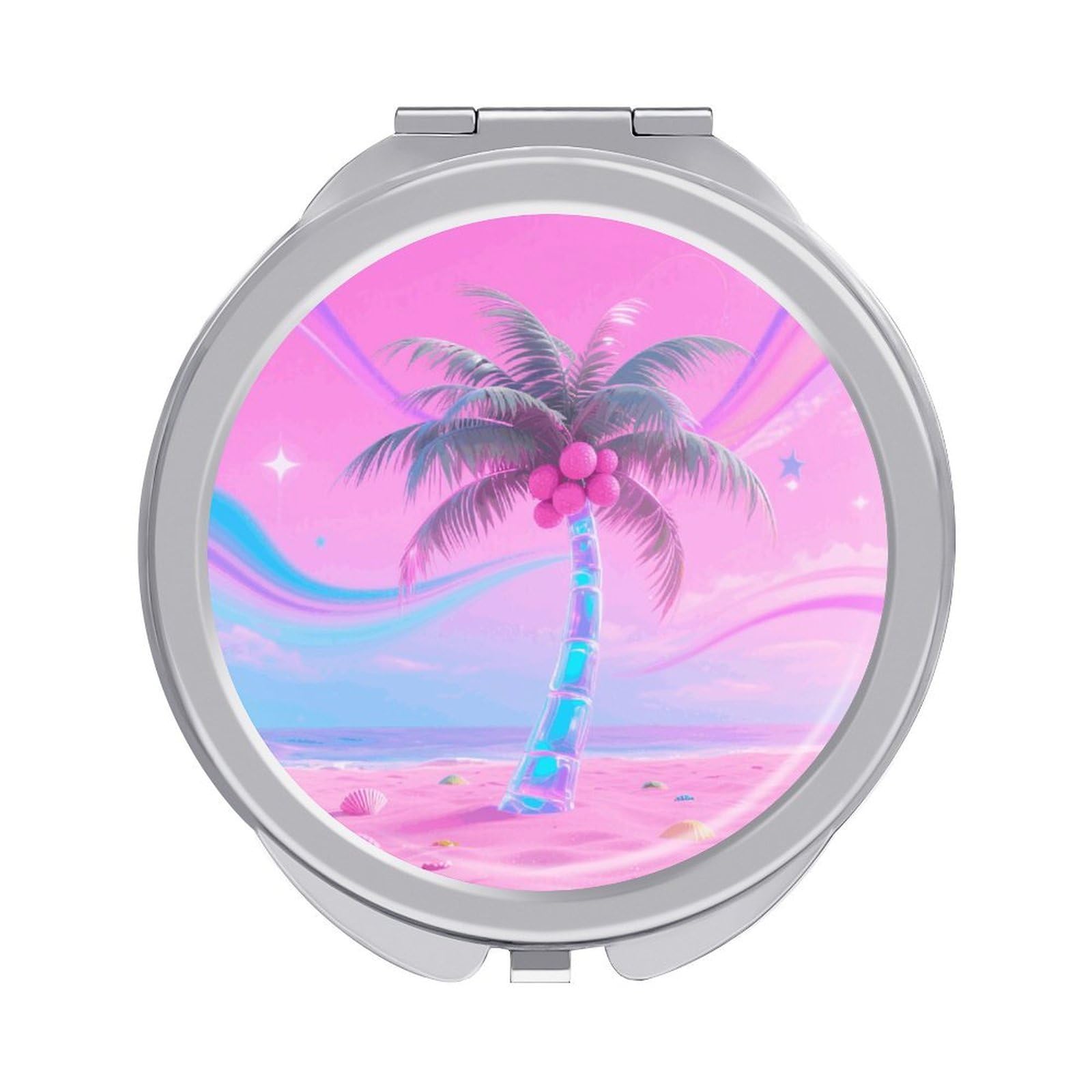 VstaDank Hologram Palm & Pink Sand Travel Makeup Mirror Fashion Folding Handheld Pocket Mirrors Portable Cute Mini Mirrors Round Compact Mirror for Purse Handbag& Gift Home Outdoor Use