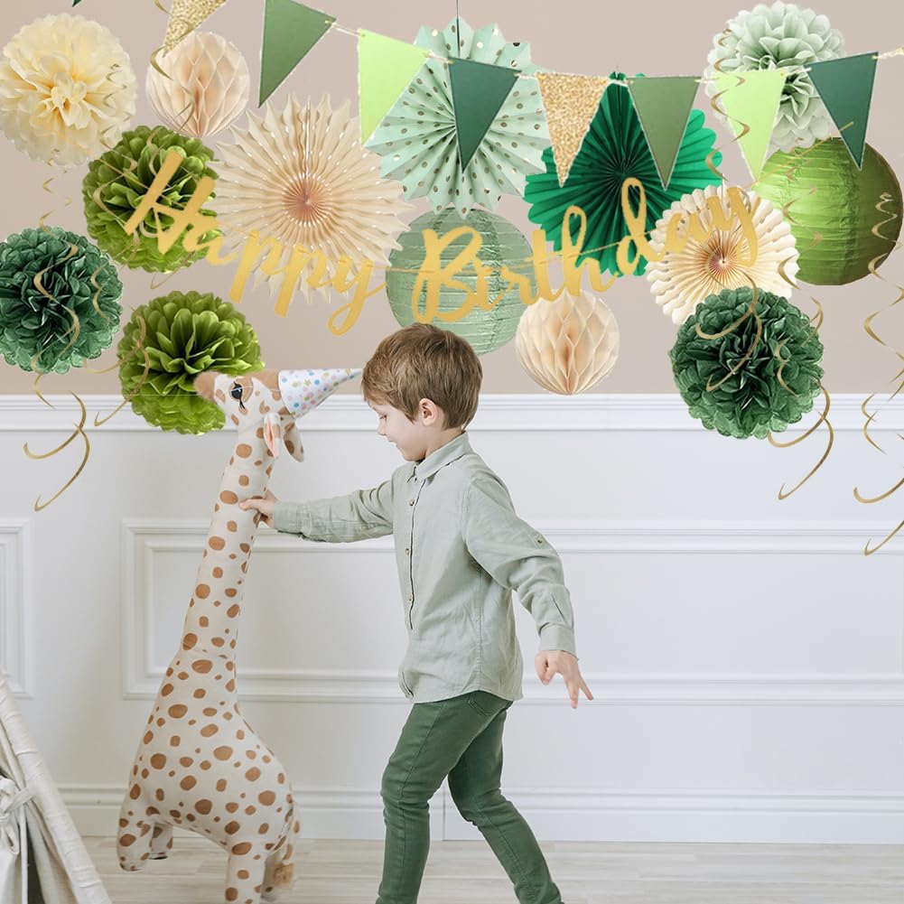 Olive Sage Green Birthday Decorations Sage Green Champagne Gold Party Decorations Paper Fans Pom Poms Lanterns Happy Birthday Banner Triangle Flags Garland for Women Girls Boys Men - Image 5