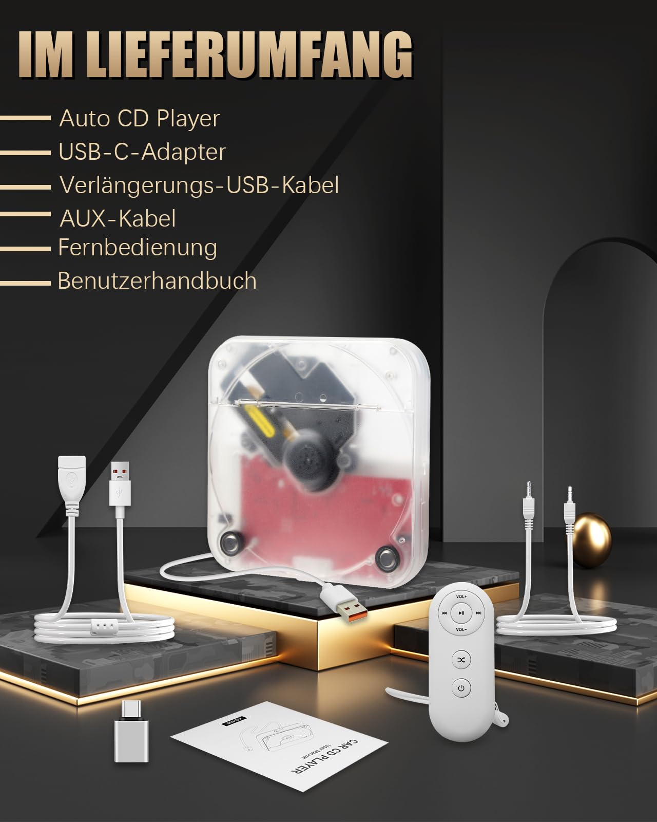 Auto CD Player mit USB-Anschluss, Universal Extern CD Player für Auto PKW LKW, Extra 1M USB-Verlängerungskabel, Externes CD Laufwerk für Laptop, PC, Fernseher, kompatibel mit Android Autoradio