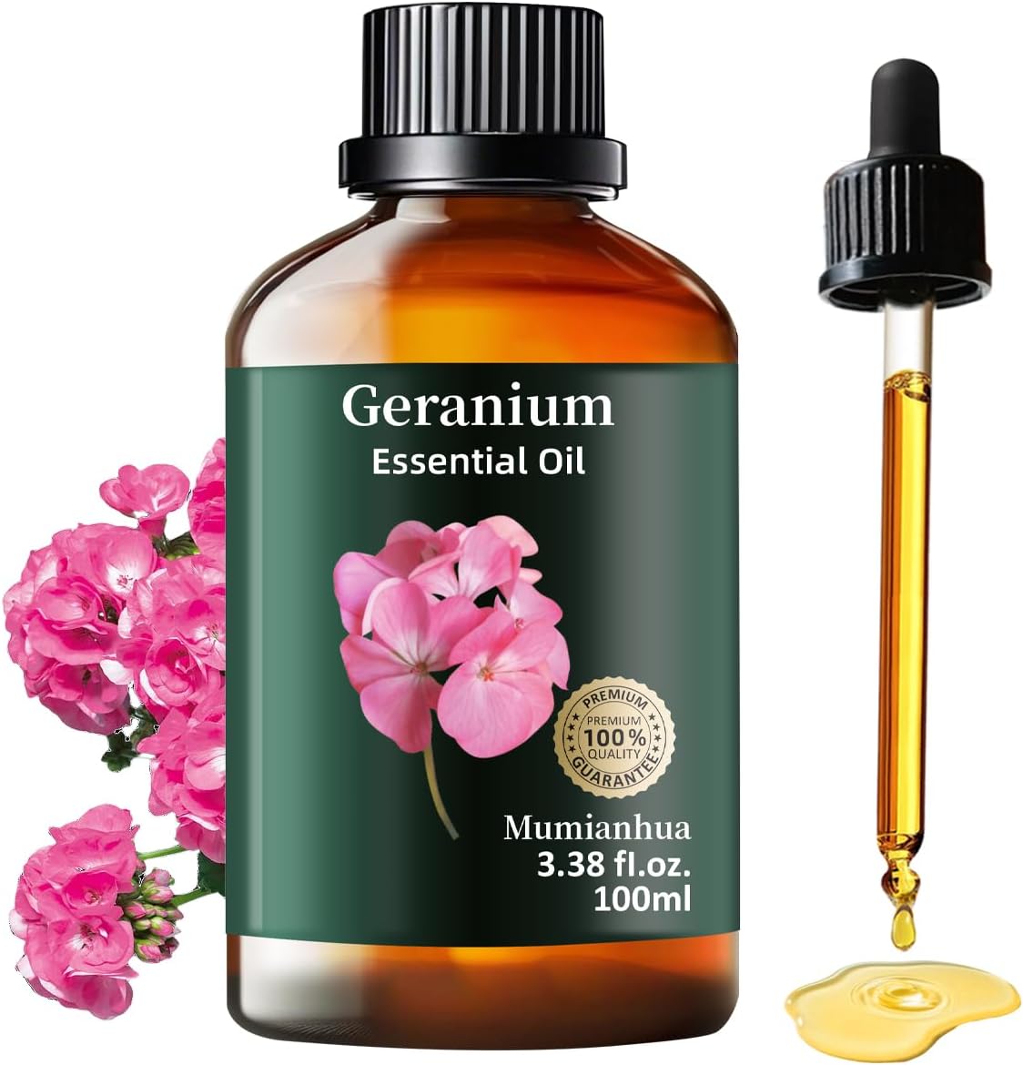 Geranium Essential Oil, Mumianhua Pure Rose Geranium Oil for Balanced Skin & Mood Harmony, Floral Relaxation Oil for Diffuser, Night Routine & DIY Skin, Hair, 3.38 Fl Oz