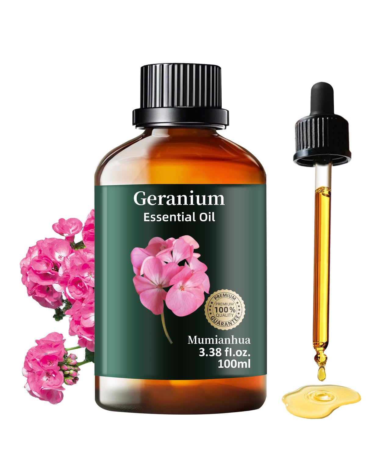 Geranium Essential Oil, Pure Geranium Oil Mumianhua Natural Floral Oil for Bedroom & Garden Freshness, Aromatherapy for Evening Relaxation, Outdoor Ambiance, Reed Diffuser, Skin, Hair 3.38 Fl Oz