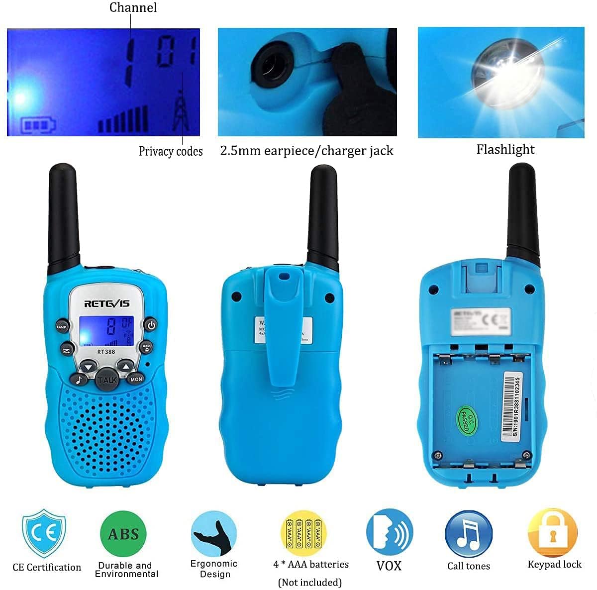 Retevis RT388 Longue Portée Talkie Walkie Enfant, 8CH Lampe de Poche VOX pour Garçons et Filles, 3-12 Ans Enfants Jouets,Cadeaux d'anniversaire pour Activités (1 Paire, Bleu Rose)