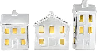 16 Piece Silver Rooftop LED Christmas Village Set | Porcelain Houses With Bottle Brush Trees & Timer Tea Lights