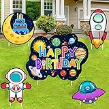 MALLMALL6 5Pcs Outer Space Happy Birthday Yard Signs Cake Astronaut Moon Rocket Nine Planets UFO...