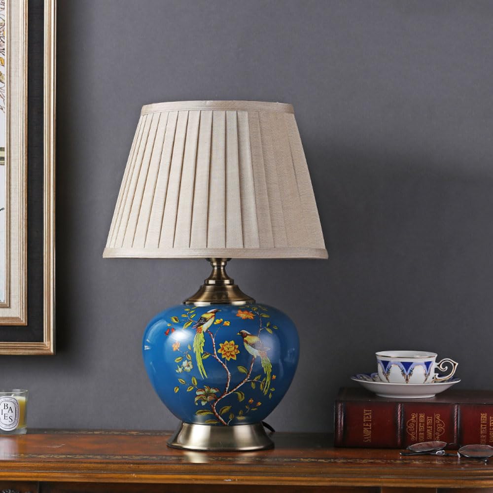 asdchZen American Flower And Bird Ceramic Table Lamp, Hand-Painted Chinoiserie Lamp, Fabric Lampshade Nightstand Lamp For Bedroom Living Room Office College Bookcase-F,E