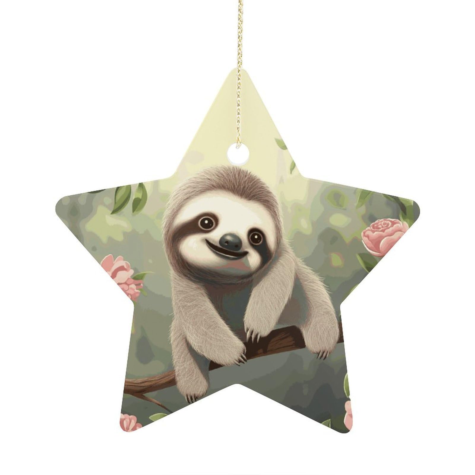 Cute Baby Sloth Stars Ornaments Ceramic Christmas Tree Hanging Light in Weight Christmas Star Pendants Funny Double-Sided Printed Xmas Ornaments for Gifts