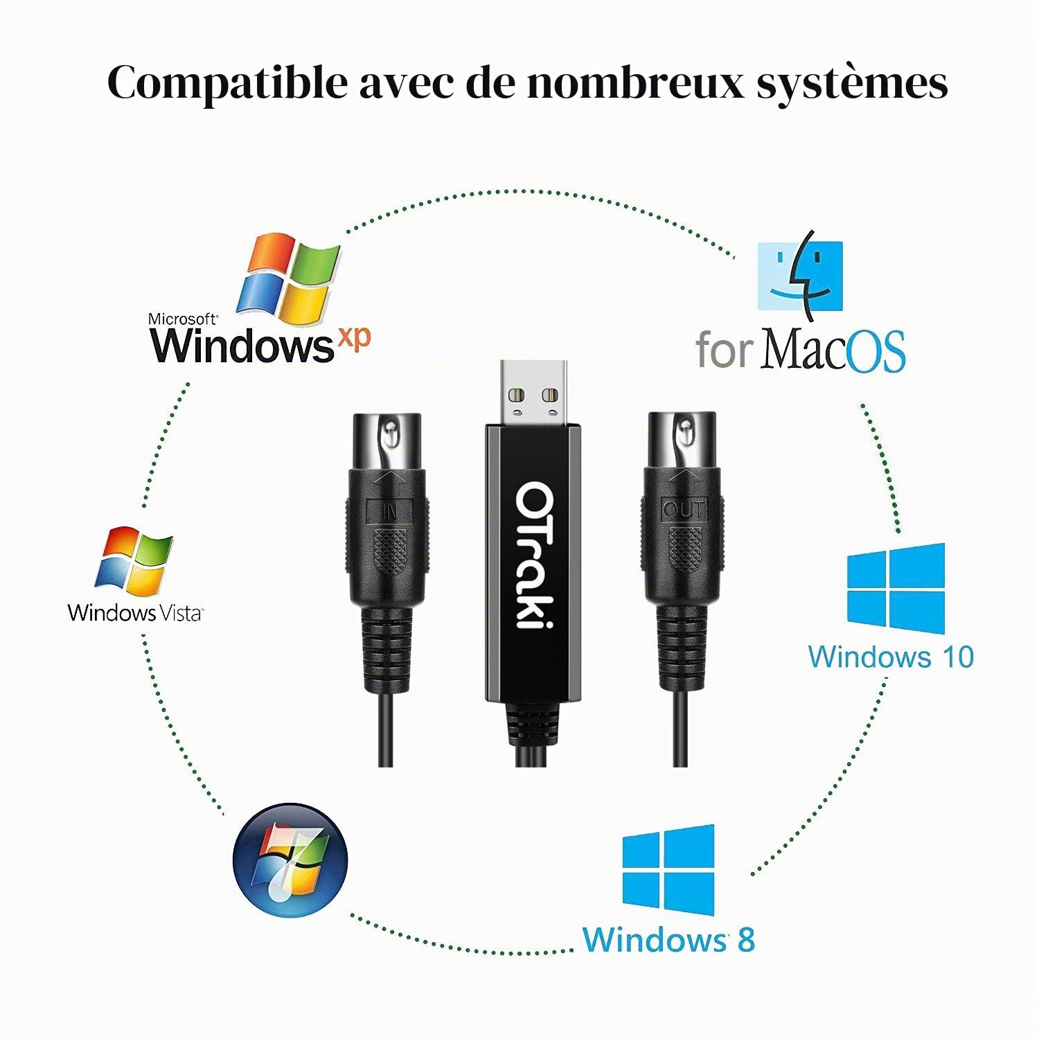OTraki Câble MIDI USB 2M, Câble D'interface USB vers MIDI - Cable de Conversion DIN 5 Pin [IN/OUT] MIDI - Convertisseur Pour Ordinateurs Portables PC Clavier Piano Musique Studio