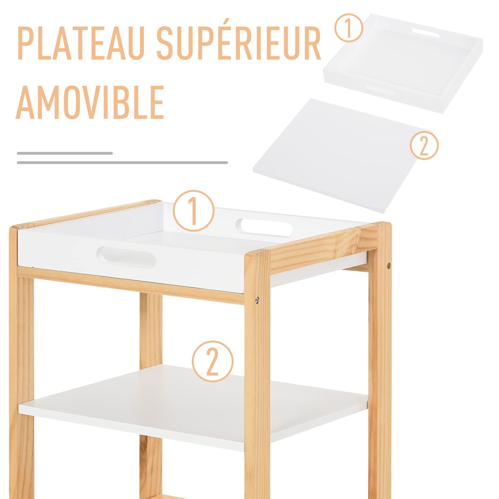HOMCOM Chariot de Service desserte de Cuisine à roulettes 3 étagères Blanc | Plateau Amovible, Bois de Pin MDF