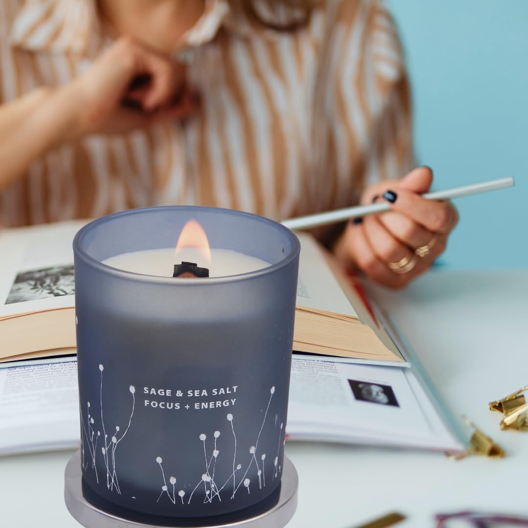 Vela perfumada de sal marina de salvia con mecha de madera de 10.6 onzas | Velas perfumadas de soja natural para el hogar | Vela de limpieza energética de salvia blanca para concentrarse | Velas de 8