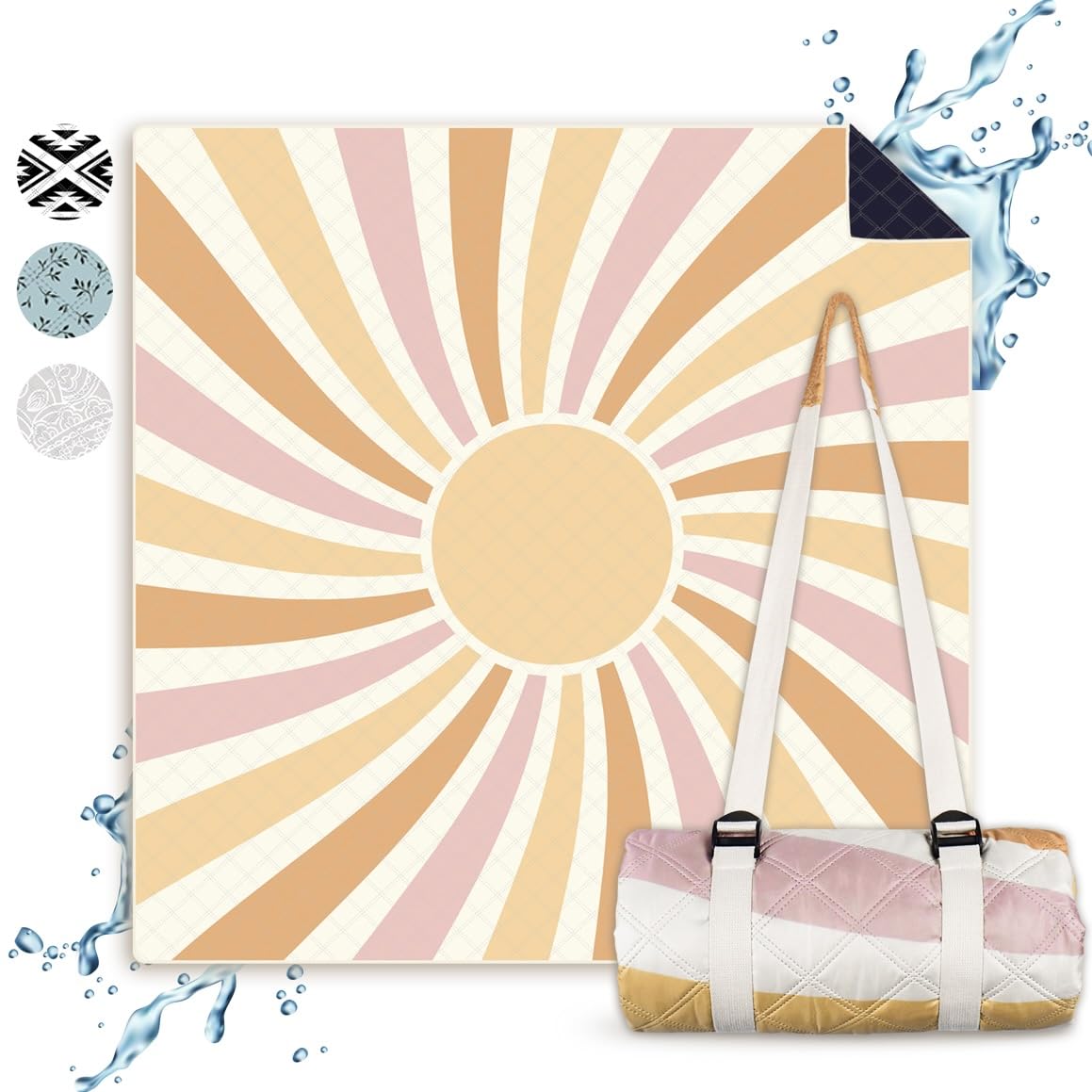 NAYA Studios® Picknickdecken (Sonne) - extra große Picknickdecke 200x200 cm - waschbare Campingdecke - Stranddecke XXL - Picknickdecke wasserabweisend - Decke Outdoor - Strandmatte gepolstert