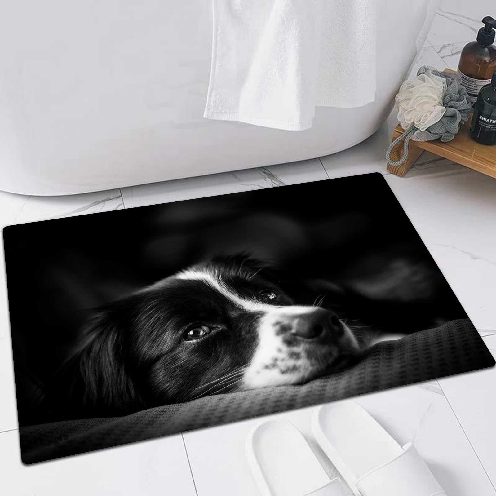 EMFSLA Bath Mat 24x35 in,Emotion photo down black and white border collie,Non-Slip Bathroom Mat Machine-Washable,Ultra Soft and Water Absorbent Bath Rug for Bathroom