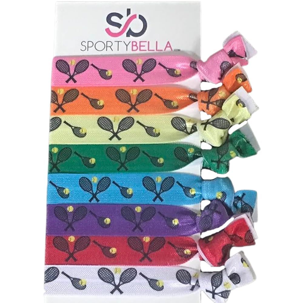 Multi-Colored Tennis Hair Ties for Girls, No Crease Elastics with Tennis Racket Design, Ponytail Ties for Tennis Players (8 pcs) - by SPORTYBELLA 1 Count (Pack of 1)