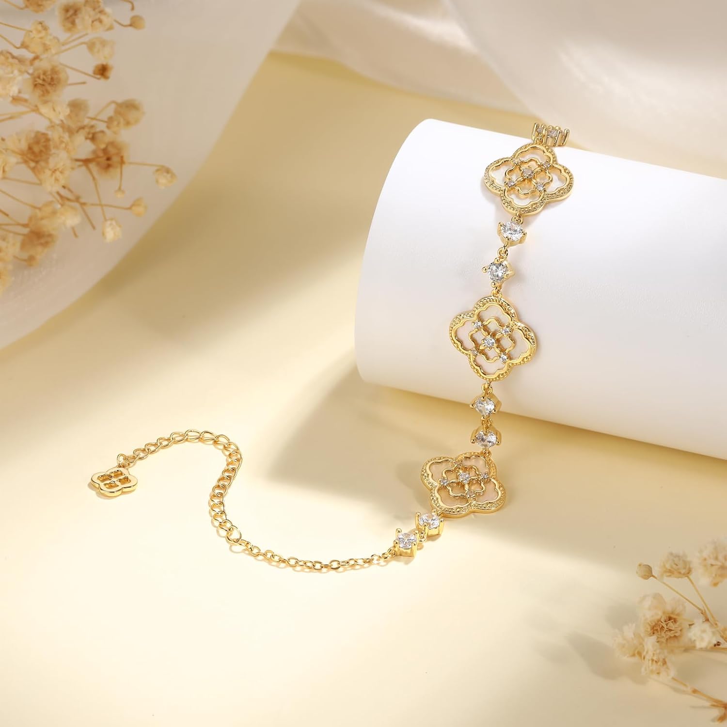 18K Gold Plated Clover Bracelets for Women, Four-Leaf Clover Bracelet with Sparkling Cubic Zirconia, Gold Charm Bracelet Lucky Link Dainty Jewelry, Trendy Unique Gifts for Women, GF, Mother, Wife, Her - Image 2