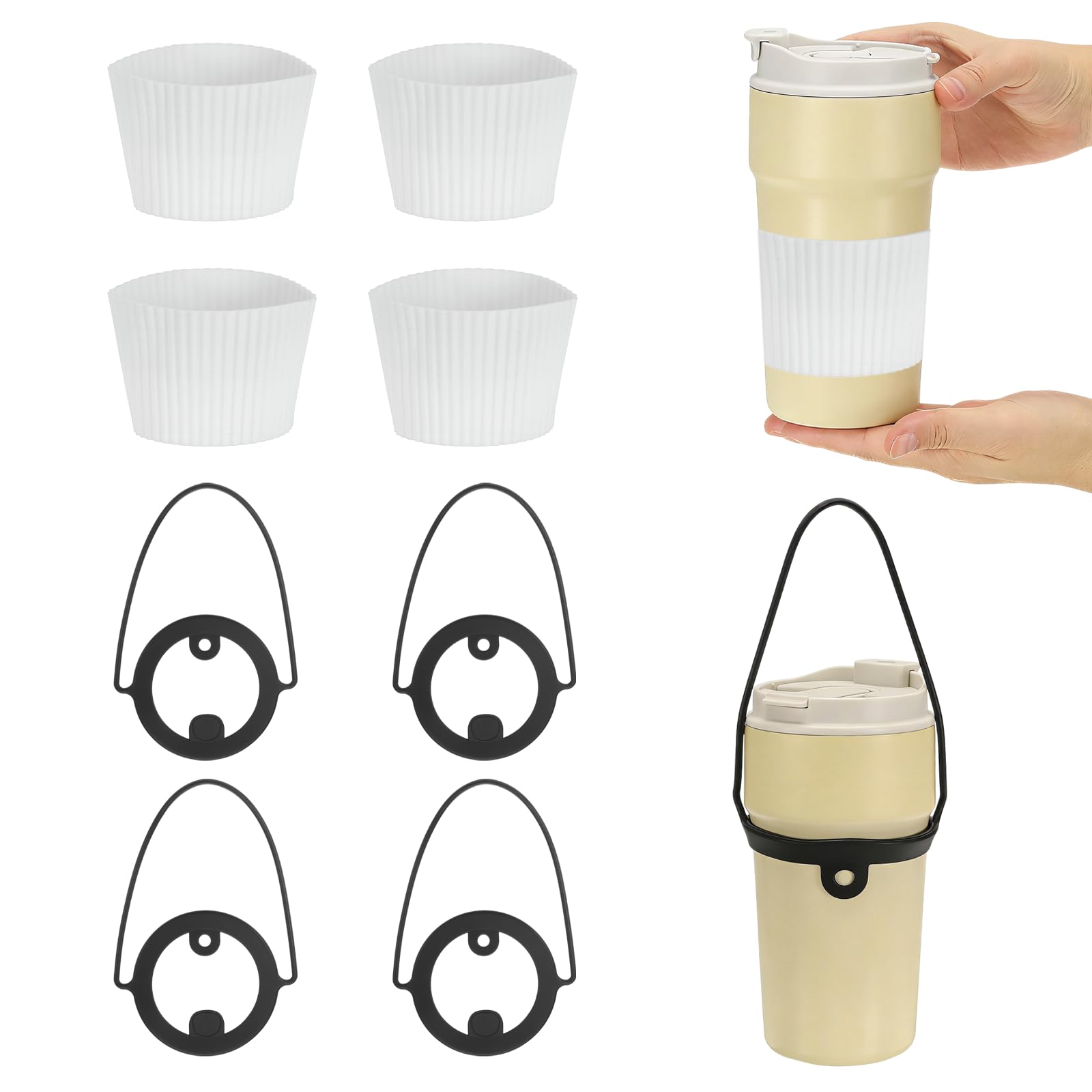 sourcing map Silicone Cup Sleeve, 4 Pcs Coffee Sleeves with Cup Black Handle Strap Heat Resistant Reusable Nonslip Glass Bottle Protector for Coffee Tea Cold Hot Drinks Home Travel, White