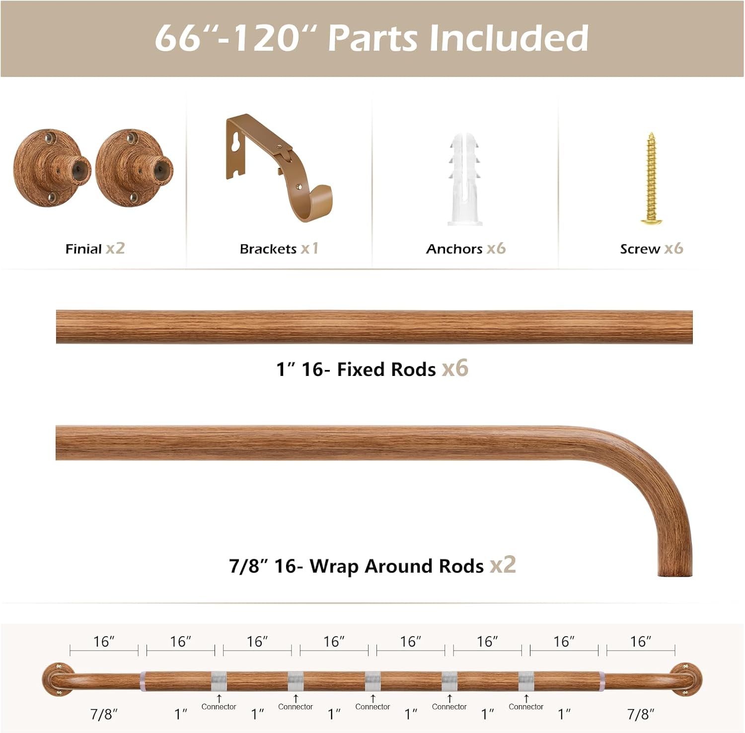 Blackout Wrap Around Curtain Rod for Windows 66 to 120:Room Darkening Imitation Wood Curtain Rod Long Heavy Duty Adjustable 1Inch Wooden Curved French Return Wraparound Drapery Rods Round Hidden