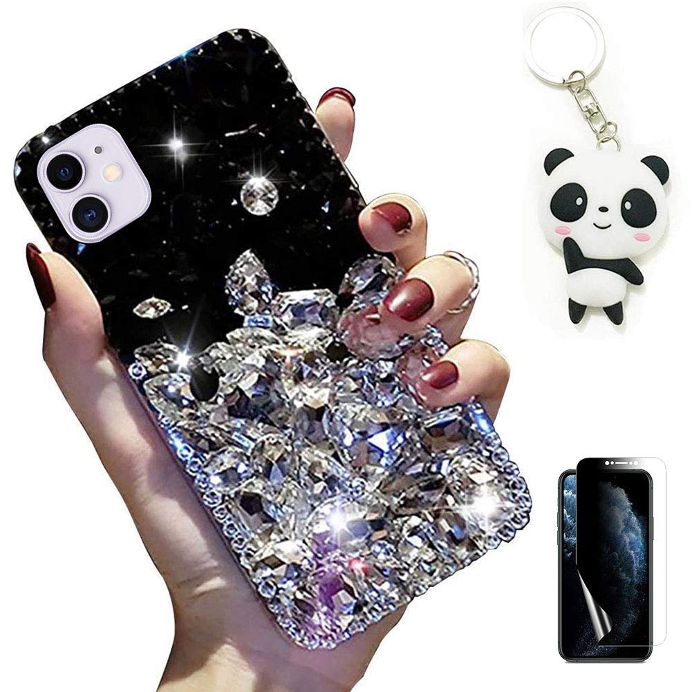 Palizufio Glitter Case for Samsung Galaxy S24 Ultra 5G,Handmade Bling Sparkle Diamond Shiny Crystal Rhinestone Gems Phone Cover with Cute Panda Keychain and Screen Protector,Black + White