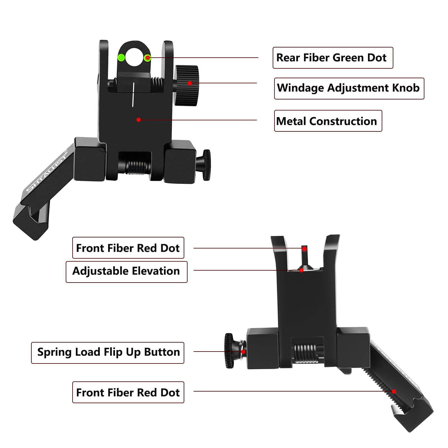 45 Degree Offset Flip Up Iron Sights - Tactical Fiber Optics Front & Rear Sight Set