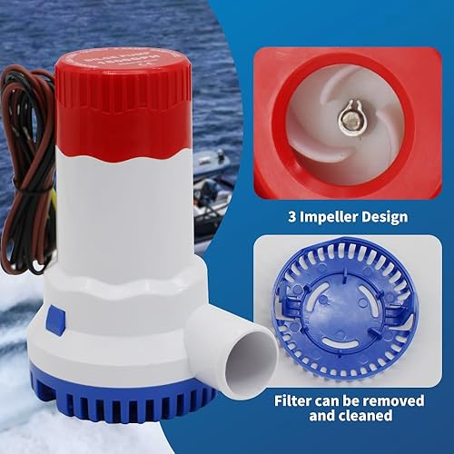 Miniatura 3 de YQMIGU Bomba de sentina de 1500 Gph de 12 voltios, la bomba de agua para barco ocupa poco espacio y tiene un sonido silencioso, adecuada para barcos