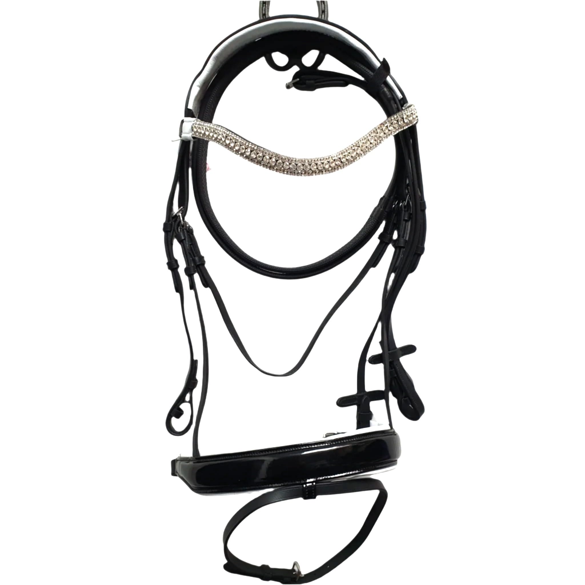 Comfortable Leather Horse Dressage Bridle Black White Diamante Browband with Patent Noseband (Cob)