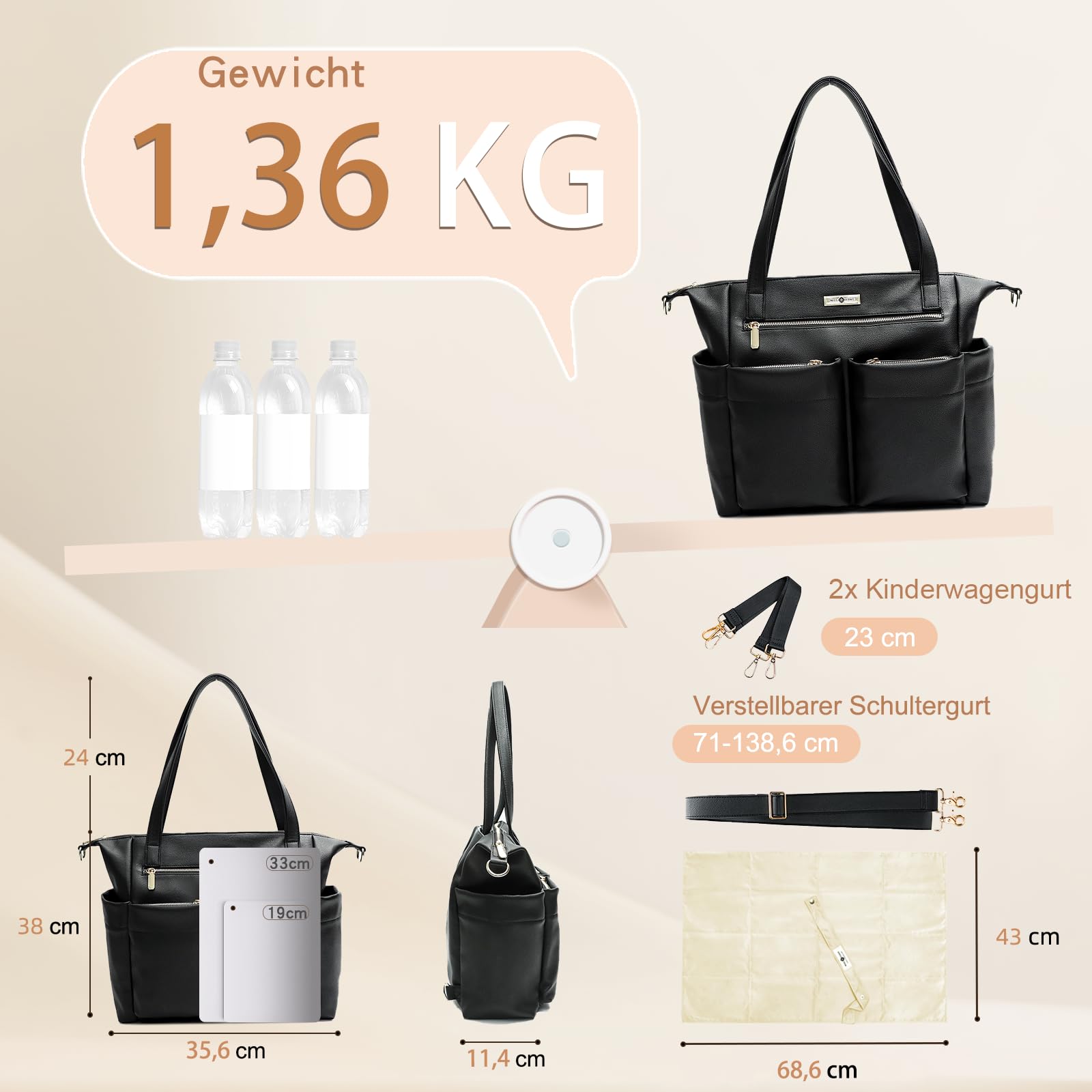 MISS FONG Baby Wickeltasche Wickelrucksack Kinderwagen Tasche Große Rucksack Kliniktasche Geburt Mama Tasche Bag lässig Babytasche Mit Wickelunterlage für Unterwegs -Schwarz