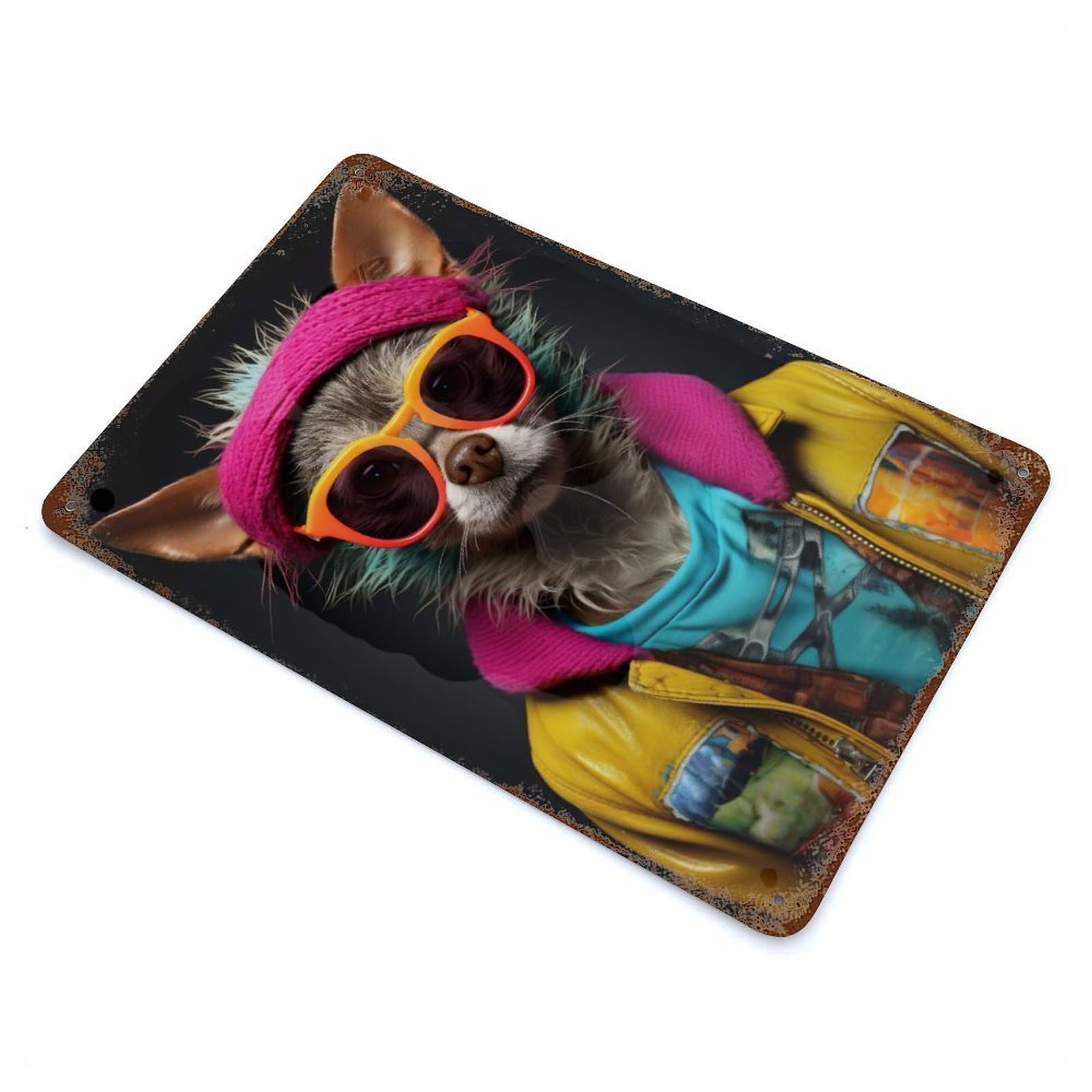 Quirky Dressed Chihuahua Rusty Metal Tin Sign 11.8"x7.9", Farmhouse Wall Decor for Farmhouse, Kitchen And Entryway Decor