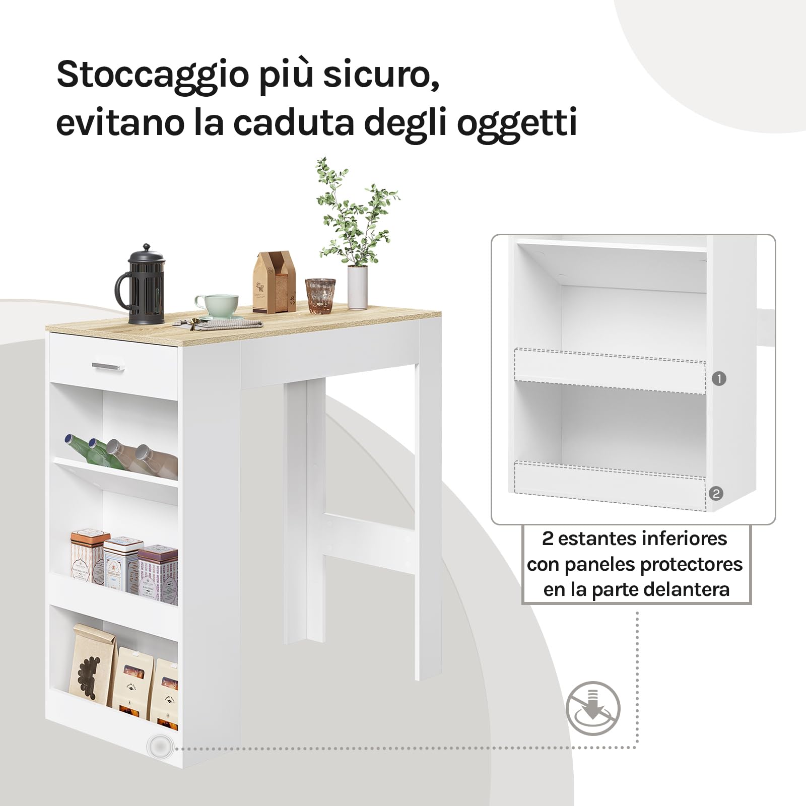 WOLTU Mesa Bar Alta, Mesa Cocina con Estantería Lateral de 1 Cajon 1 Botellero y 2 Estantes, Mesa para Comedor Salón (con Tablas de Madera, Blanco + Roble Claro, 100 x 50 x 100 cm)