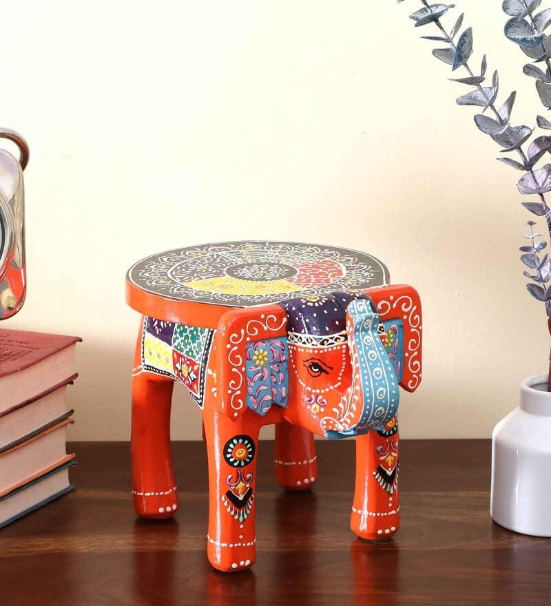 Ujjwal Wood Decorative Rajastani Hand Painted Elephant Stool