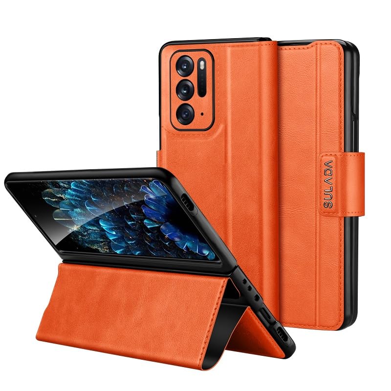Coque de téléphone Oppo Find N fine en cuir orange avec support vidéo pour le quotidien