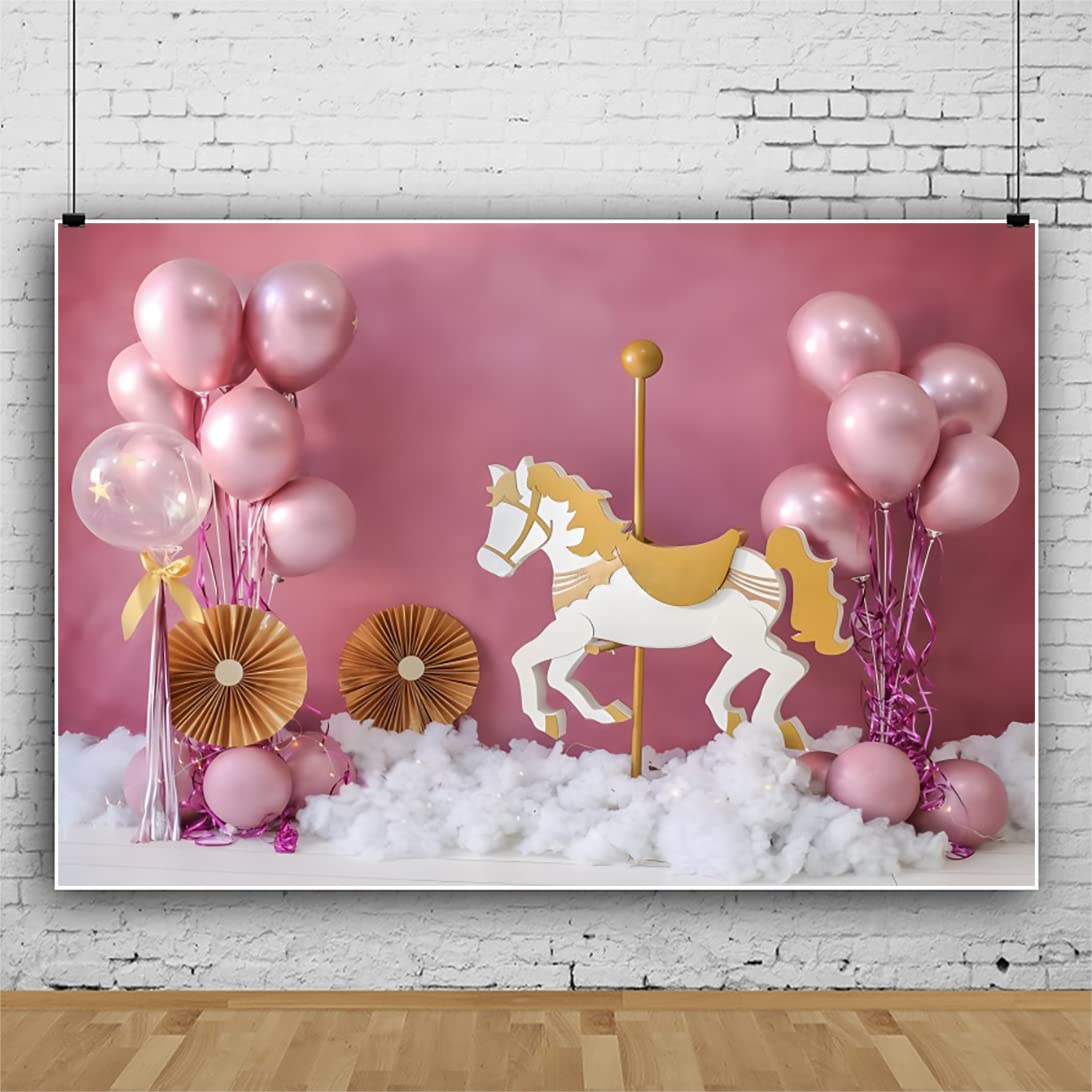 Aoihrraan 3x2,5m Telón Fondo Rosa Globo Algodón Nubes Dorado Merry-Go-Round Hotpink Pared Habitación Fotografía Fondo Cumpleaños Fiesta Novia Baby Shower Niña Retrato Artístico Foto Atrezzo Vinilo