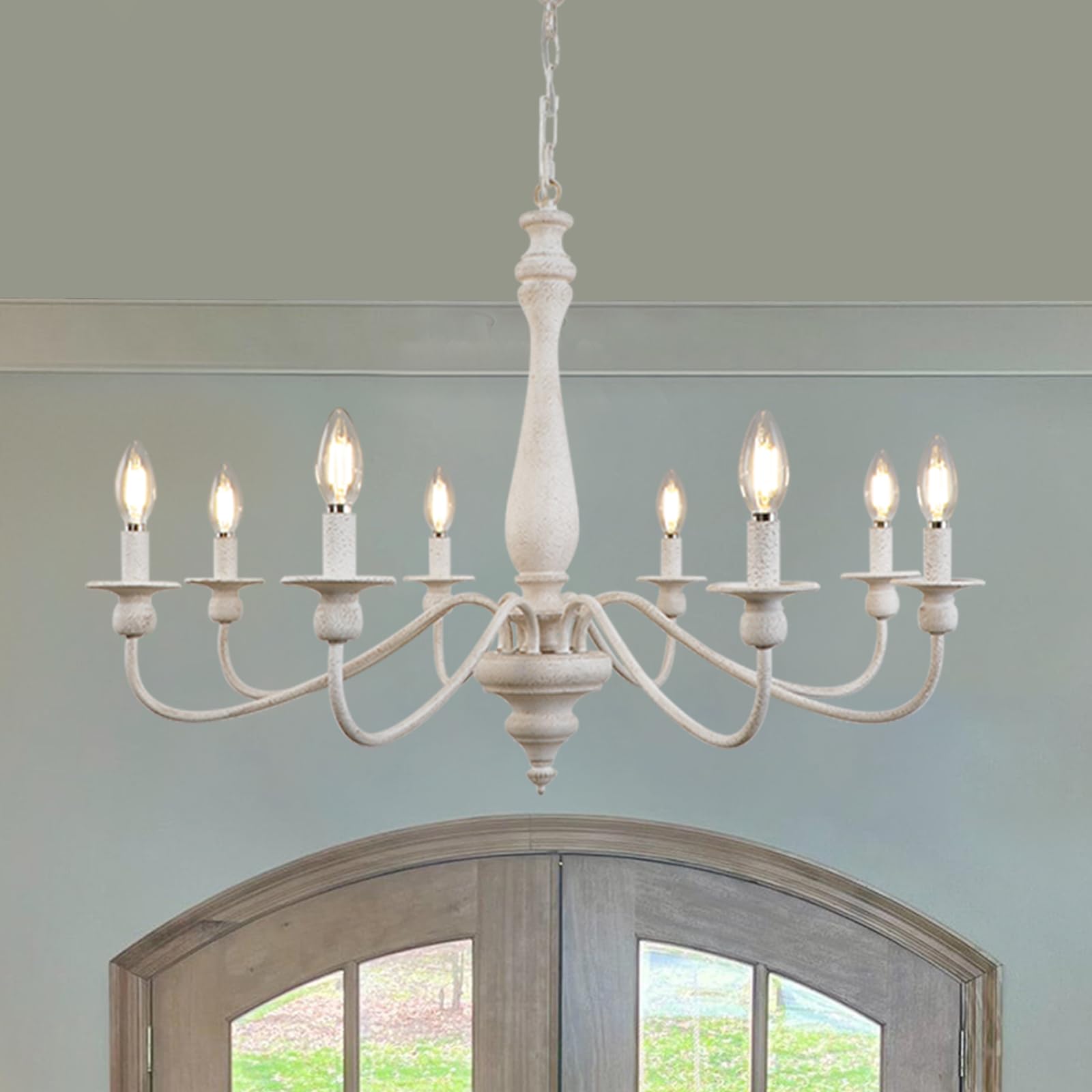 8 Lights Vintage White Chandelier, Farmhouse Metal Chandeliers Ceiling Light, Modern Rustic French Country Pendant Light for Living Room, Bedroom, Entryway, Dining Room
